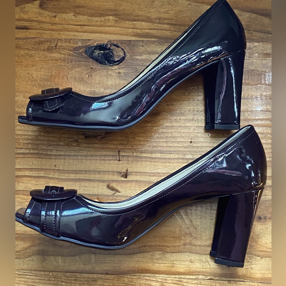 Nickels Brown Patent Block Heels with Buckle Detail
